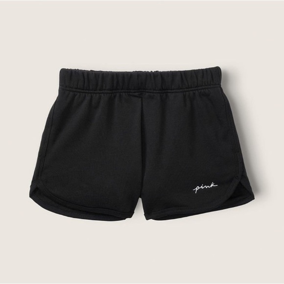 VS PINK 2.5” Curved Hem Sweat Varsity Shorts Black Embroidered Script Logo XS - Picture 2 of 11